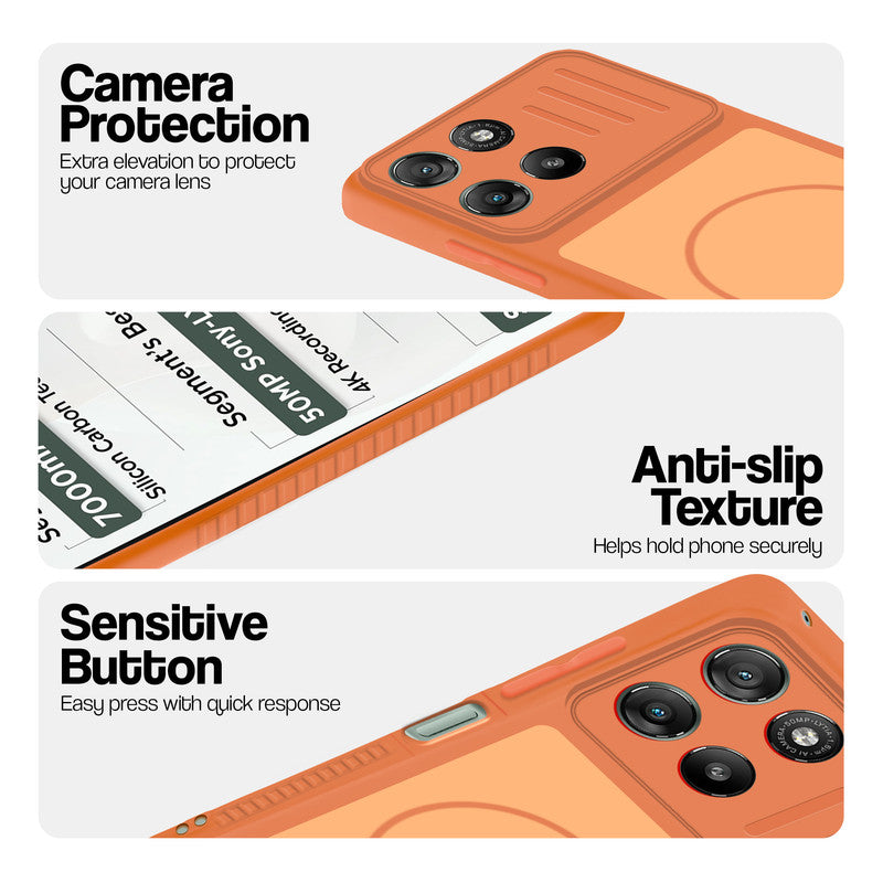 Orange phone case for Motorola G67 Power 5G showing camera safety edges, anti slip side grip and easy press button covers.