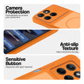 Orange phone case for Motorola G77 Power 5G showing camera safety edges, anti slip side grip and easy press button covers.