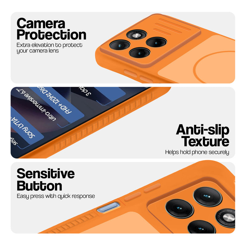Orange phone case for Motorola G77 Power 5G showing camera safety edges, anti slip side grip and easy press button covers.