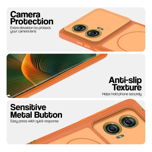 Orange Phone case for Motorola Moto Edge 50 Fusion 5G highlighting raised camera protection, anti-slip texture, and responsive side buttons