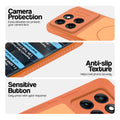 Orange phone case for Motorola Moto Edge 60 5G showing camera safety edges, anti slip side grip and easy press button covers.