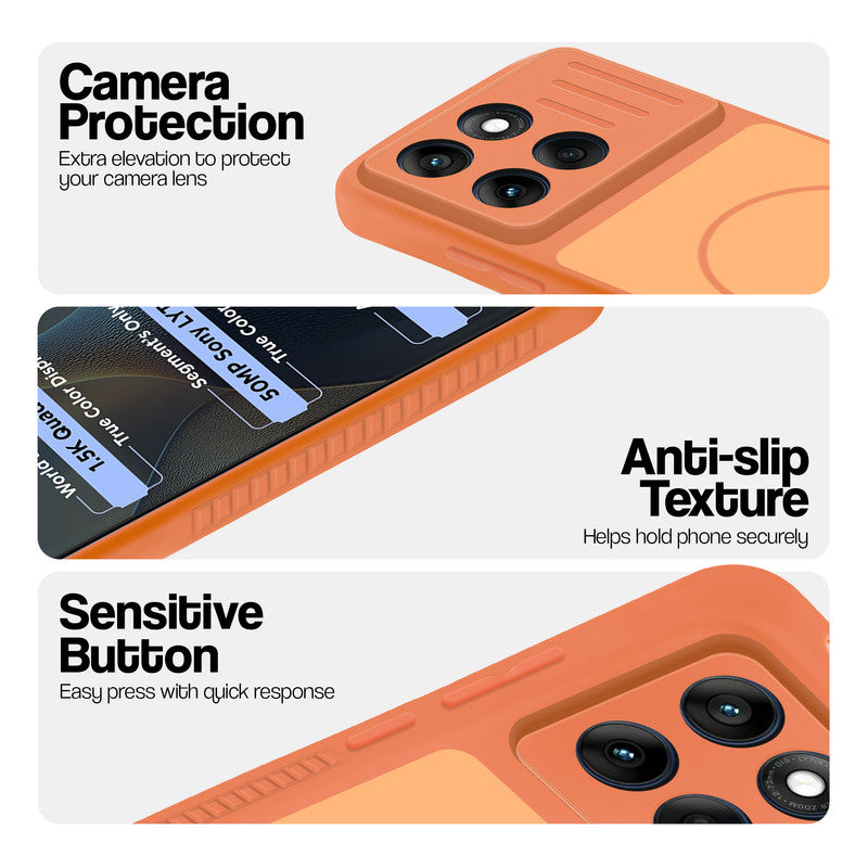 Orange phone case for Motorola Moto Edge 60 Fusion 5G showing camera safety edges, anti slip side grip and easy press button covers.