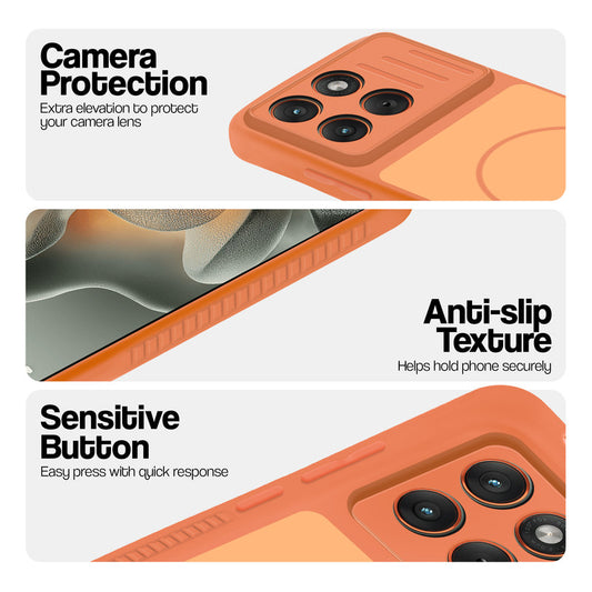 Orange phone case for Motorola Moto Edge 70 5G showing camera safety edges, anti slip side grip and easy press button covers.