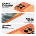 Orange phone case for Motorola Moto Edge 70 Fusion 5G showing camera safety edges, anti slip side grip and easy press button covers.