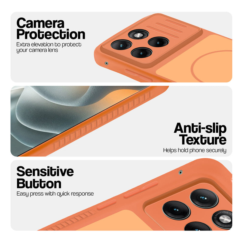 Orange phone case for Motorola Moto Edge 70 Fusion 5G showing camera safety edges, anti slip side grip and easy press button covers.
