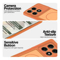 Orange phone case for Motorola Moto Edge 70 Pro 5G showing camera safety edges, anti slip side grip and easy press button covers.