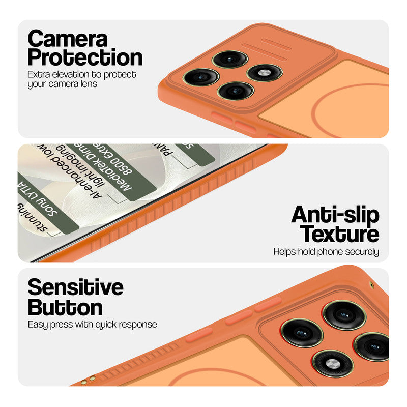 Orange phone case for Motorola Moto Edge 70 Pro 5G showing camera safety edges, anti slip side grip and easy press button covers.