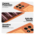 Orange phone case for Motorola Moto Edge 70 Pro Plus 5G showing camera safety edges, anti slip side grip and easy press button covers.