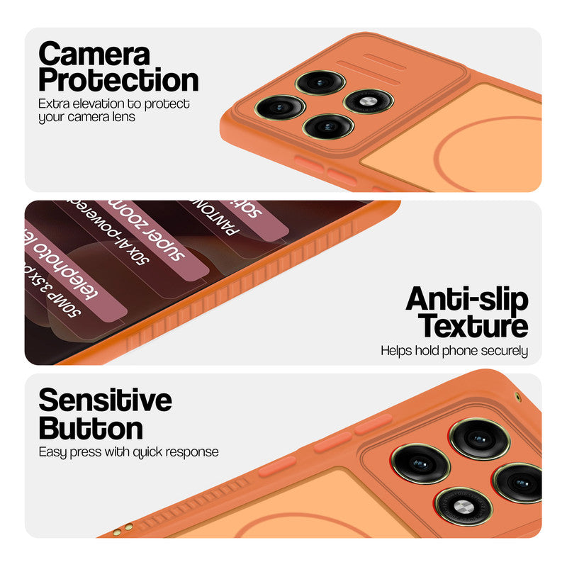 Orange phone case for Motorola Moto Edge 70 Pro Plus 5G showing camera safety edges, anti slip side grip and easy press button covers.