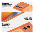 Orange phone case for Motorola Moto G85 5G showing camera safety edges, anti slip side grip and easy press button covers.