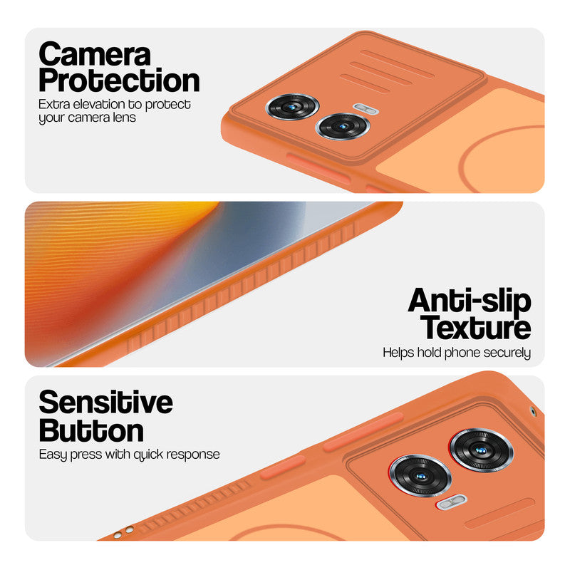 Orange phone case for Motorola Moto G85 5G showing camera safety edges, anti slip side grip and easy press button covers.