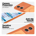 Orange phone case for Motorola Moto G96 5G showing camera safety edges, anti slip side grip and easy press button covers.
