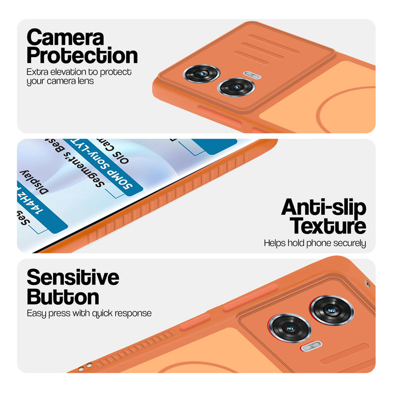 Orange phone case for Motorola Moto G96 5G showing camera safety edges, anti slip side grip and easy press button covers.