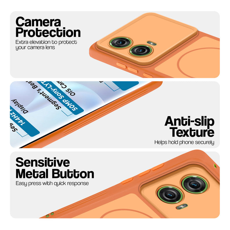 Orange Phone case for Motorola Moto G96 5G highlighting raised camera protection, anti-slip texture, and responsive side buttons