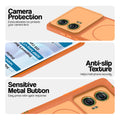 Orange Phone case for Motorola Moto G96 5G highlighting raised camera protection, anti-slip texture, and responsive side buttons