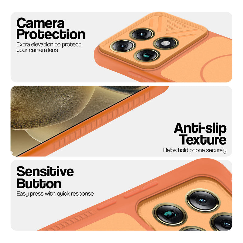 Orange phone case for Motorola Signature showing camera safety edges, anti slip side grip and easy press button covers.