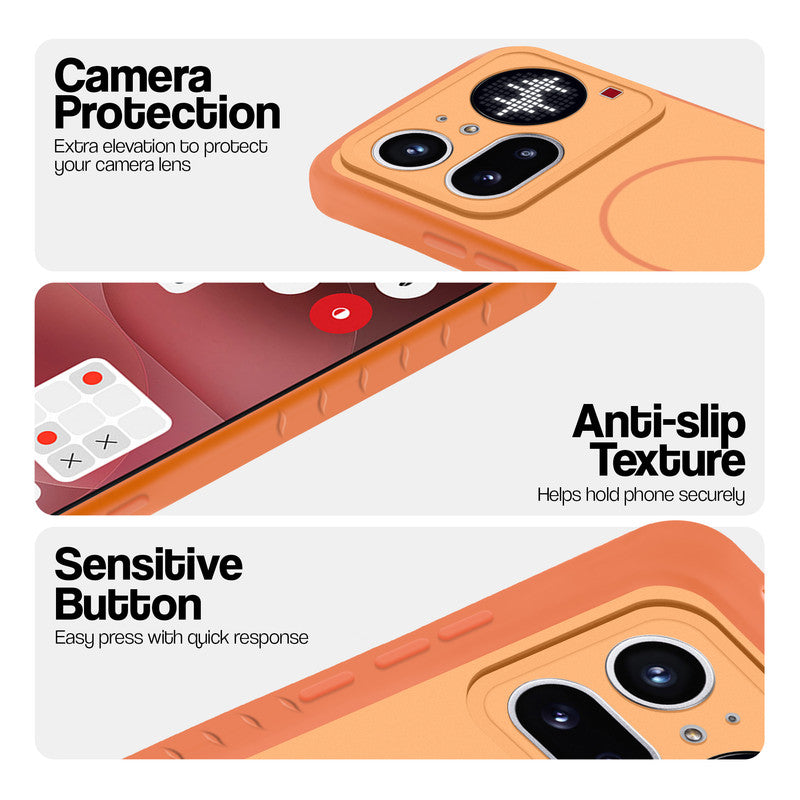 Orange phone case for Nothing Phone 4A Pro 5G showing camera safety edges, anti slip side grip and easy press button covers.