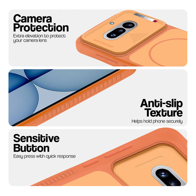 Orange phone case for Nothing Phone 4A 5G showing camera safety edges, anti slip side grip and easy press button covers.