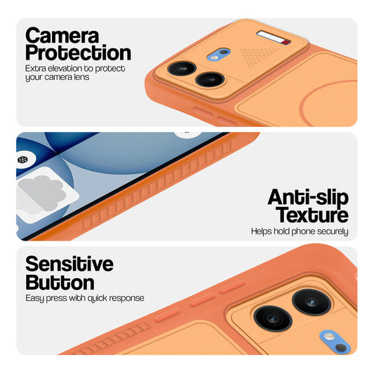 Orange phone case for Nothing Phone 4B 5G showing camera safety edges, anti slip side grip and easy press button covers.
