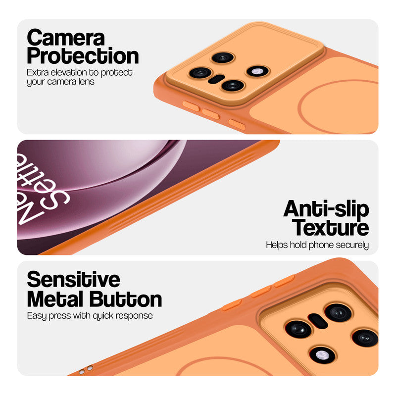 Orange Phone case for OnePlus 15 5G highlighting raised camera protection, anti-slip texture, and responsive side buttons
