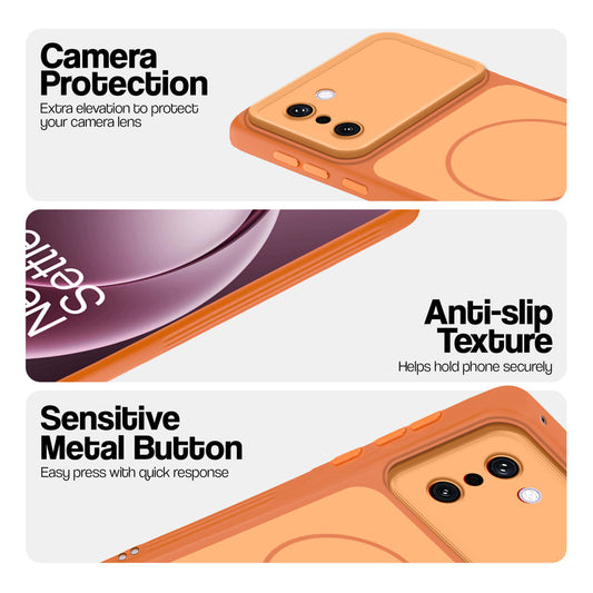 Orange Phone case for OnePlus 15R 5G highlighting raised camera protection, anti-slip texture, and responsive side buttons