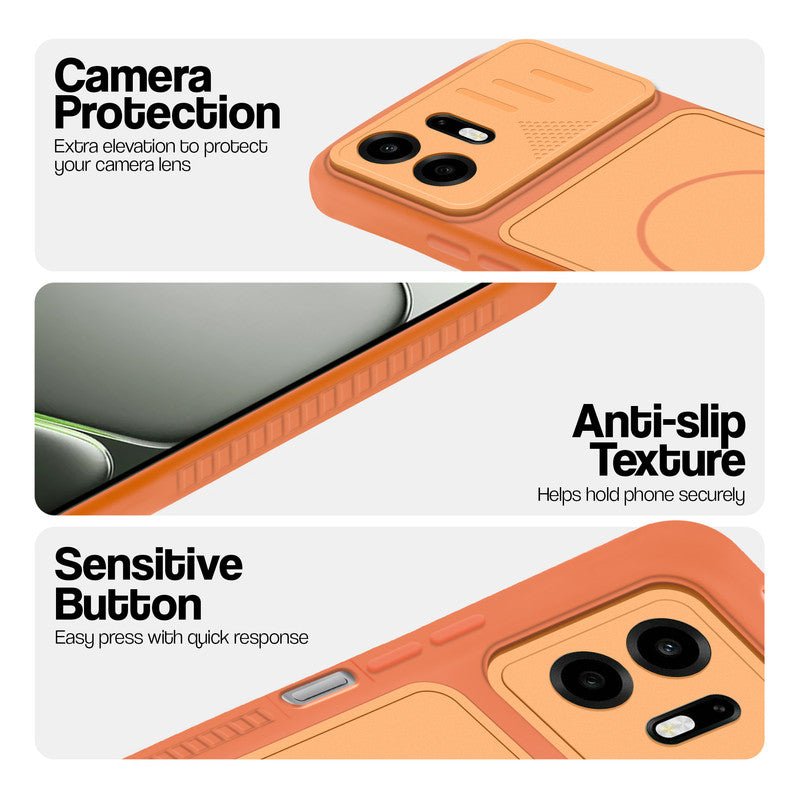 Orange phone case for OnePlus N6 5G showing camera safety edges, anti slip side grip and easy press button covers.