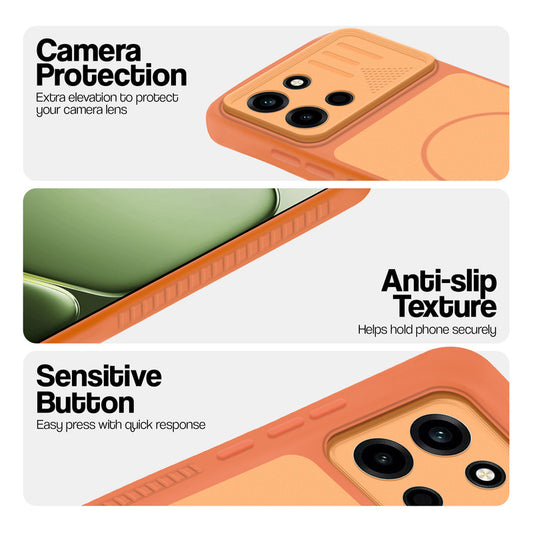 Orange phone case for OnePlus Nord 6 5G showing camera safety edges, anti slip side grip and easy press button covers.