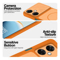 Orange phone case for OnePlus Nord CE 3 Lite 5G showing camera safety edges, anti slip side grip and easy press button covers.