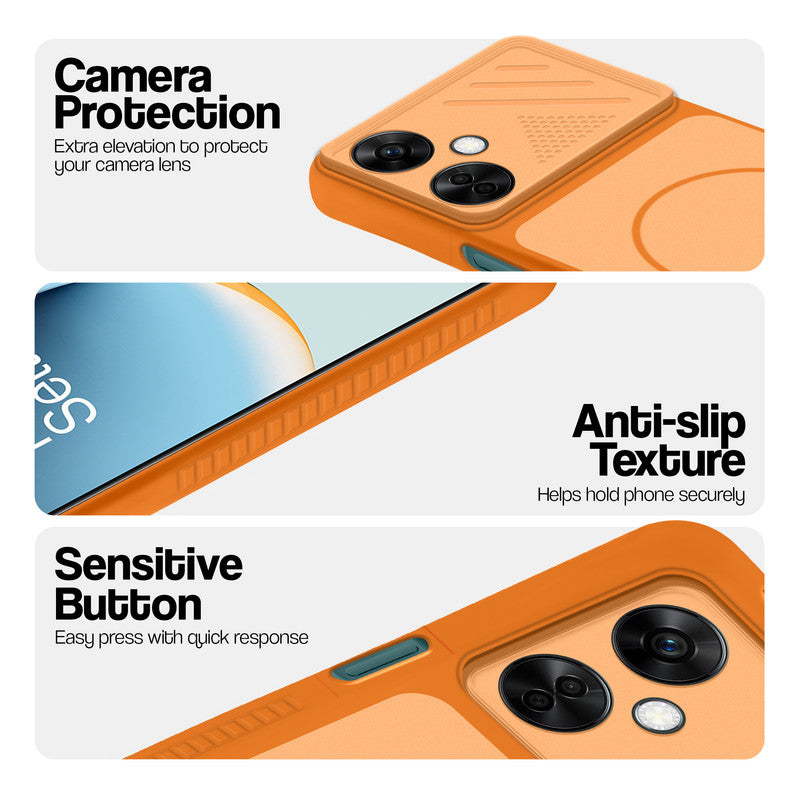 Orange phone case for OnePlus Nord CE 3 Lite 5G showing camera safety edges, anti slip side grip and easy press button covers.