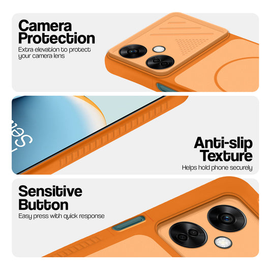 Orange phone case for OnePlus Nord CE 3 Lite 5G showing camera safety edges, anti slip side grip and easy press button covers.