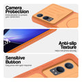 Orange phone case for OnePlus Nord CE 4 Lite 5G showing camera safety edges, anti slip side grip and easy press button covers.