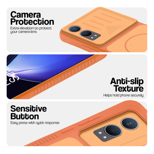 Orange phone case for OnePlus Nord CE 4 Lite 5G showing camera safety edges, anti slip side grip and easy press button covers.