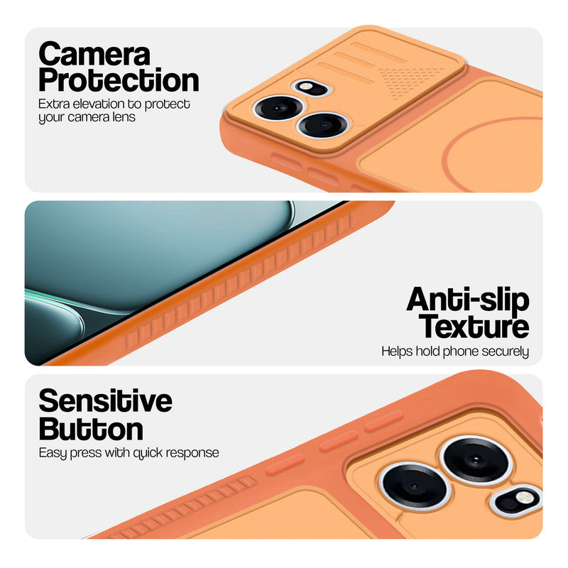 Orange phone case for OnePlus Nord CE 6 5G showing camera safety edges, anti slip side grip and easy press button covers.