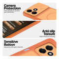 Orange phone case for Oppo A6C 4G showing camera safety edges, anti slip side grip and easy press button covers.
