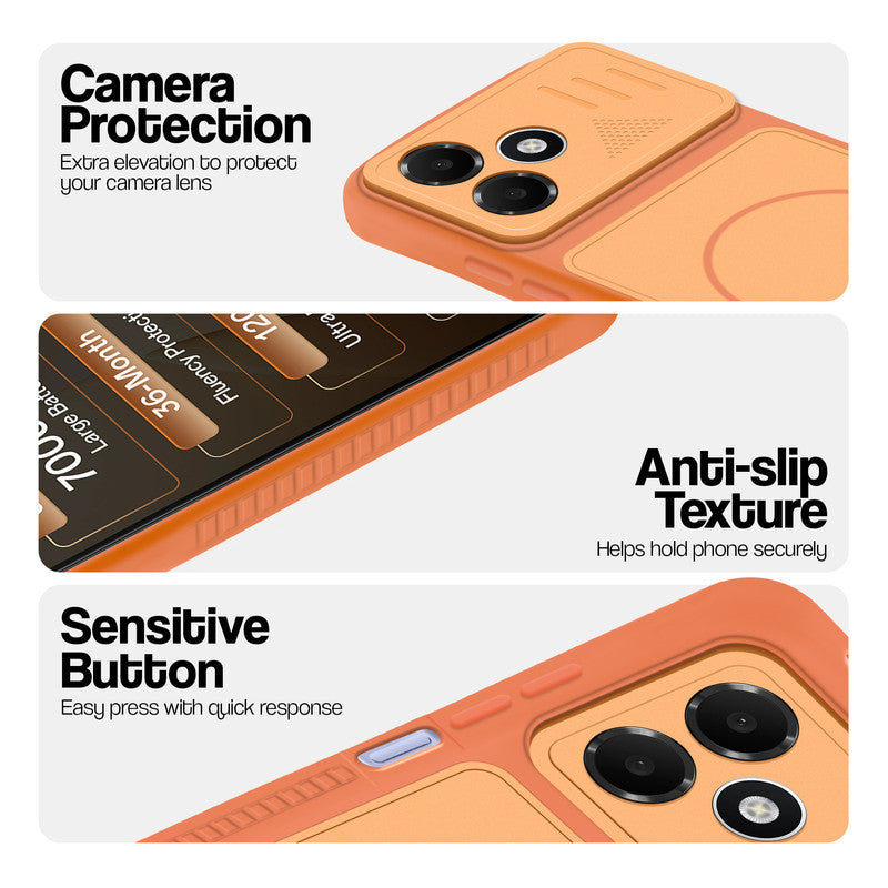 Orange phone case for Oppo A6C 4G showing camera safety edges, anti slip side grip and easy press button covers.
