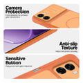 Orange phone case for Oppo A6s 5G showing camera safety edges, anti slip side grip and easy press button covers.