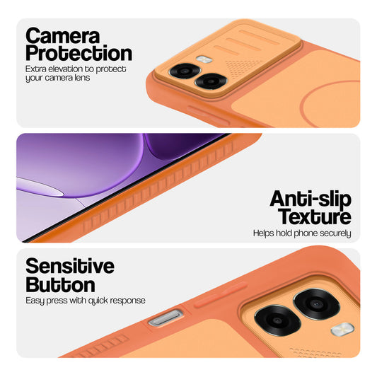 Orange phone case for Oppo A6s 5G showing camera safety edges, anti slip side grip and easy press button covers.