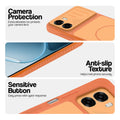 Orange phone case for Oppo A6x 5G showing camera safety edges, anti slip side grip and easy press button covers.