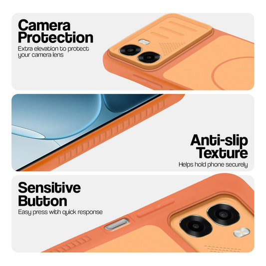 Orange phone case for Oppo A6x 5G showing camera safety edges, anti slip side grip and easy press button covers.