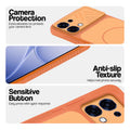 Orange phone case for Oppo F31 5G showing camera safety edges, anti slip side grip and easy press button covers.