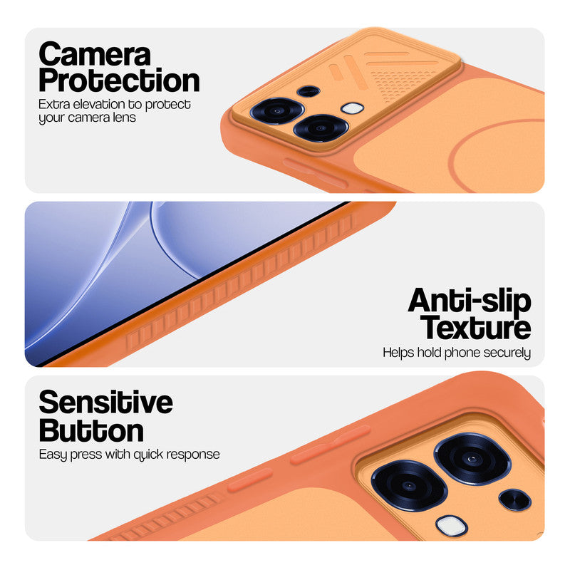 Orange phone case for Oppo F31 5G showing camera safety edges, anti slip side grip and easy press button covers.