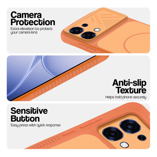 Orange phone case for Oppo F31 5G showing camera safety edges, anti slip side grip and easy press button covers.