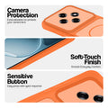 Orange phone case for Oppo F31 Pro 5G showing camera safety edges, anti slip side grip and easy press button covers.