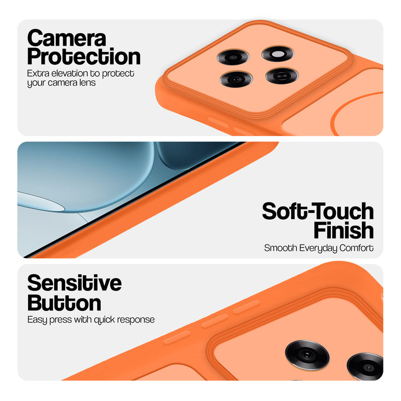 Orange phone case for Oppo F31 Pro 5G showing camera safety edges, anti slip side grip and easy press button covers.