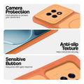Orange phone case for Oppo F31 Pro Plus 5G showing camera safety edges, anti slip side grip and easy press button covers.