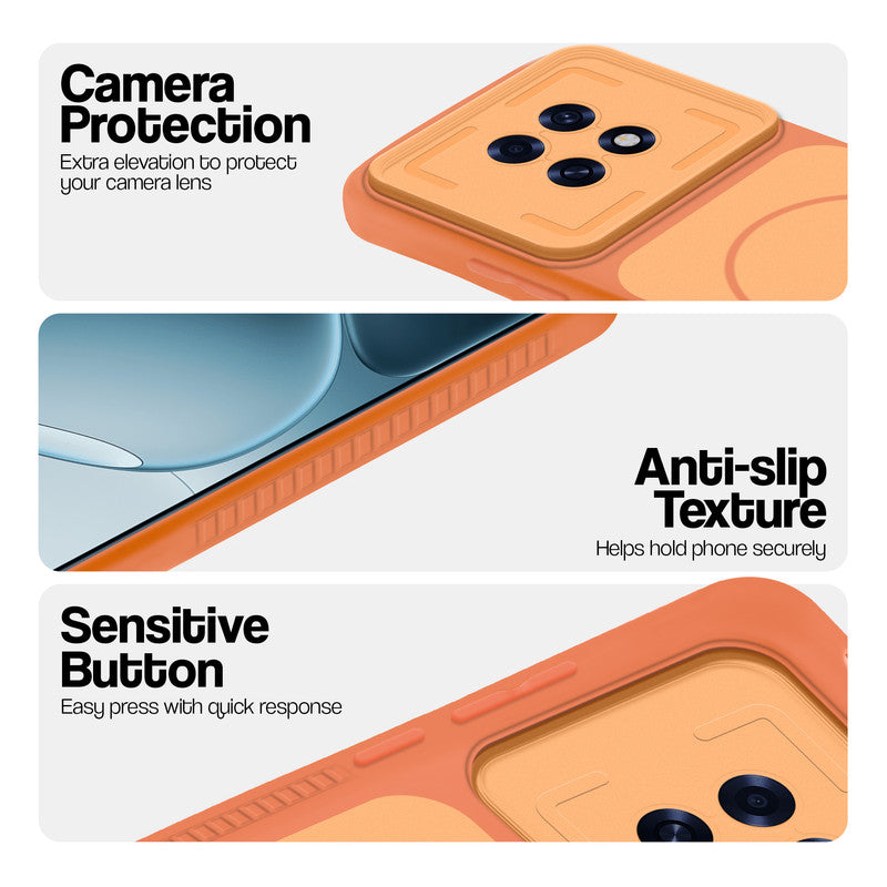 Orange phone case for Oppo F31 Pro Plus 5G showing camera safety edges, anti slip side grip and easy press button covers.