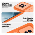 Orange phone case for Oppo F31 Pro Plus 5G showing camera safety edges, anti slip side grip and easy press button covers.