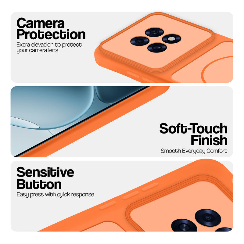 Orange phone case for Oppo F31 Pro Plus 5G showing camera safety edges, anti slip side grip and easy press button covers.