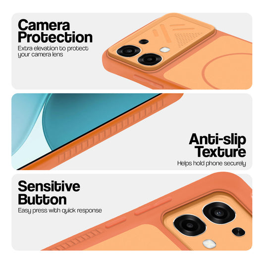 Orange phone case for Oppo F33 5G showing camera safety edges, anti slip side grip and easy press button covers.