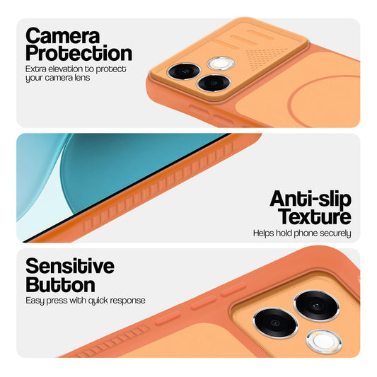 Orange phone case for Oppo F33 Pro 5G showing camera safety edges, anti slip side grip and easy press button covers.